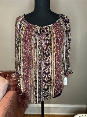 BCX Burgundy Multi-Print Tie-Neck Peasant Blouse